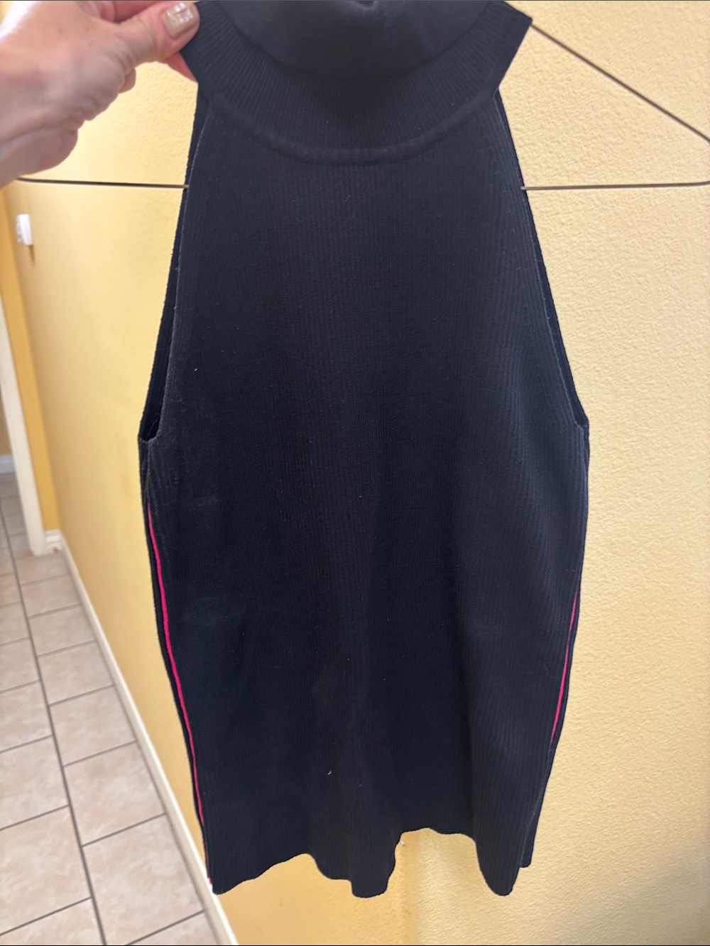 Sleeveless Black Turtleneck Knit Top with Pink Side Stripes
